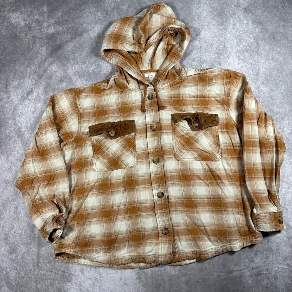 Maurices Womens XXL Plaid Hooded Flannel Button Down Shirt Brown White Cabin